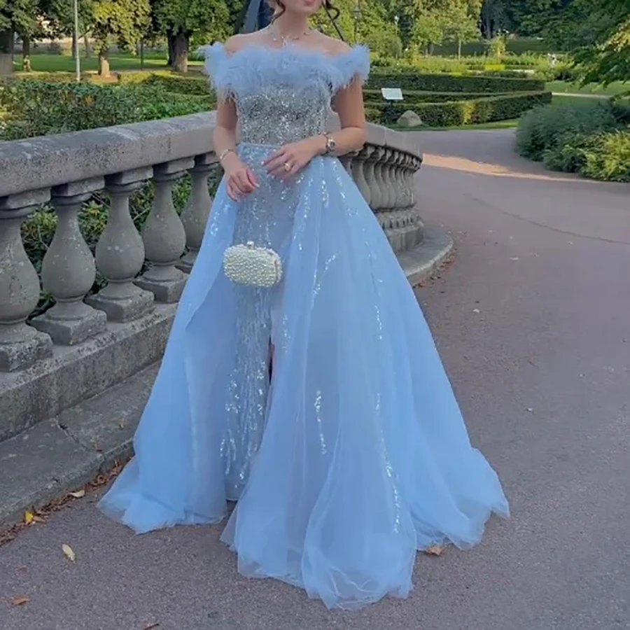 Elegant Feather Mermaid Evening Dress 2024 for Women Luxury Crystal Off the  Shoulder Side Slit Formal Prom Wedding Party Gowns - AliExpress 320