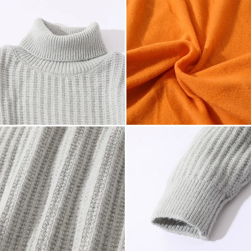 Men's Fleece Turtleneck Sweaters Solid Color Long Sleeve Striped Knitted Sweaters Winter Thicken Warm Jumper Men