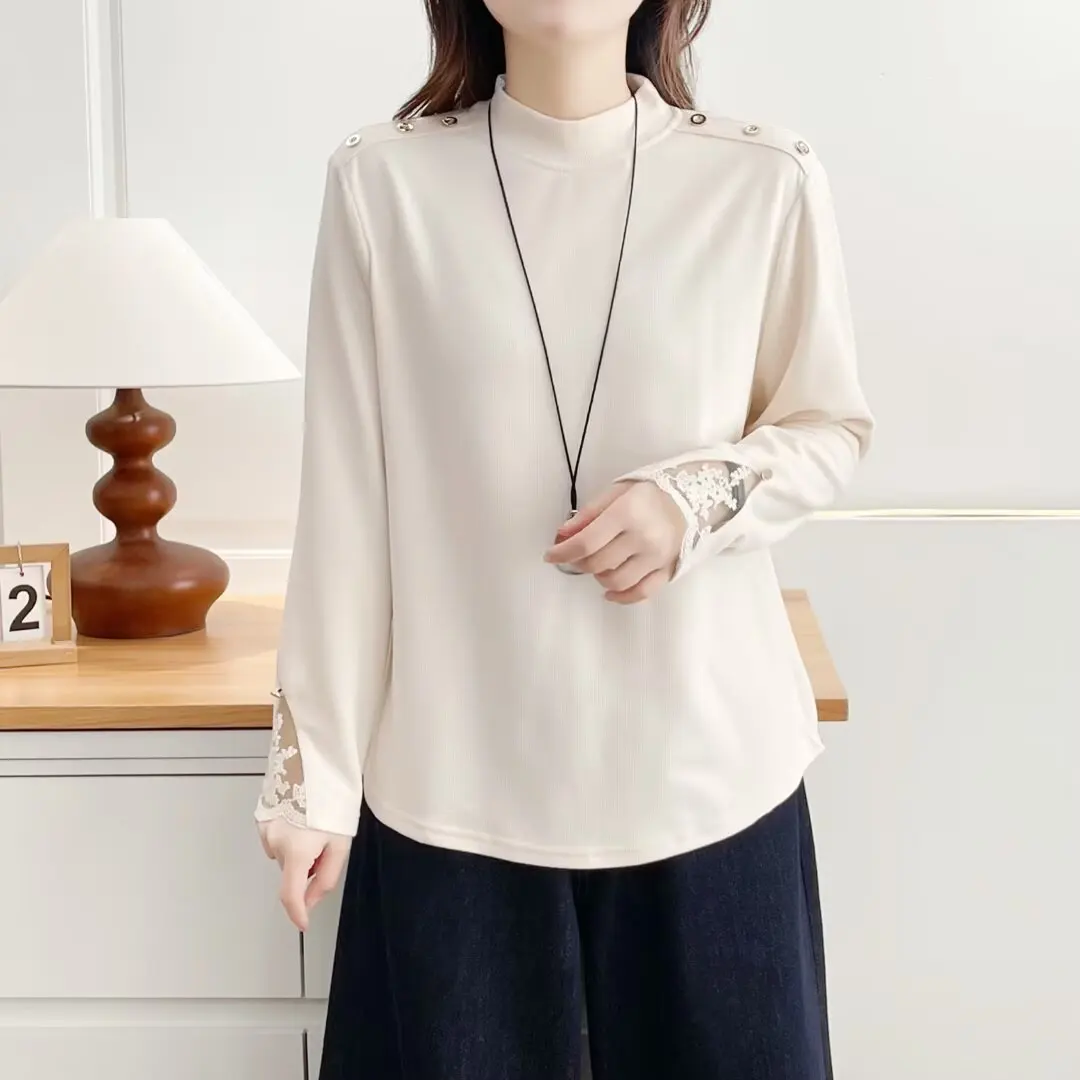 XXXXL Fashion Plus Size Woman Clothing T-Shirt New Autumn And Winter Style Lace Patchwork Cuffs Mock Neck Base Tops 2590