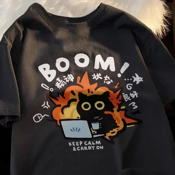 2025 New Short Sleeved T-shirt For Women In Summer New Loose Casual Cartoon Work Cat Print Oversized Top Casual Clothing ﻿ 1