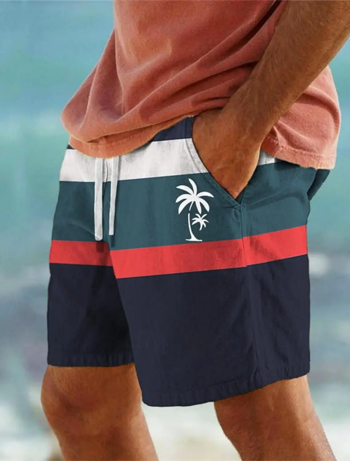 thumbnail image 1 of Bañador con estampado 3D de palmeras a rayas para hombre, estilo hawaiano, con cintura elástica y cordón, para vacaciones y playa, 1 of 4
