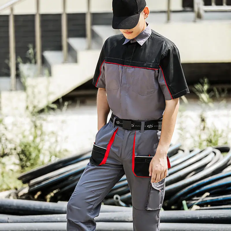 Summer Work Suit Two Tone Shirt with Reflective Stripes Long Cargo Summer  Pants with Phone Pocket