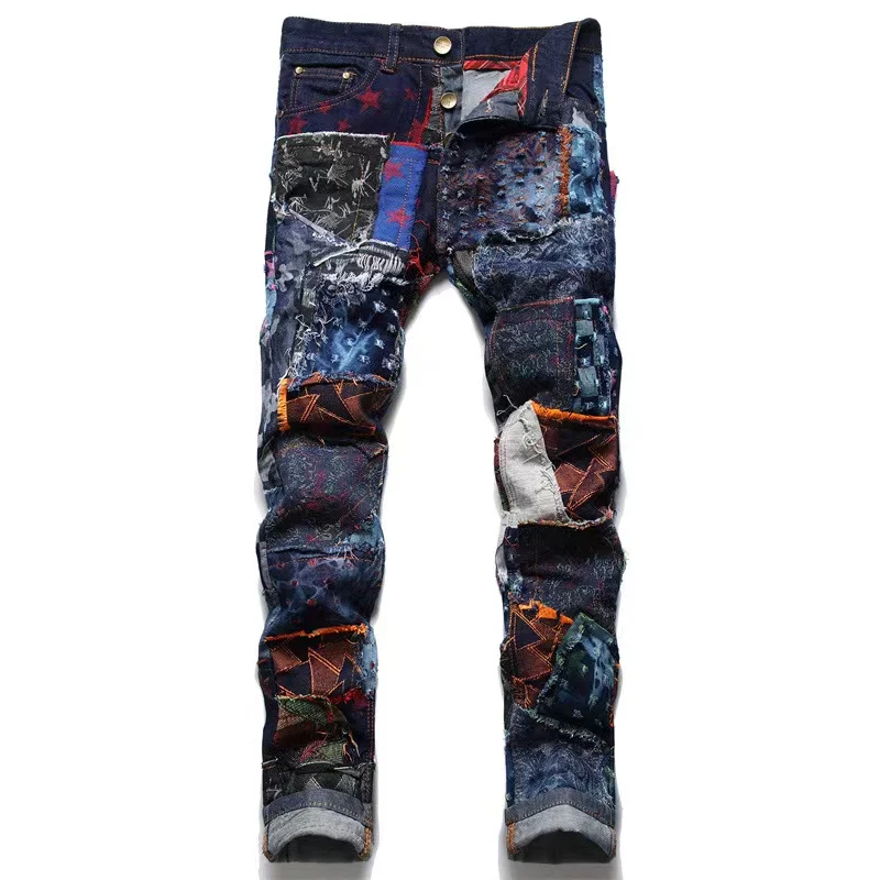Patchwork Patch Jeans Men's High Street Vintage Feet Tight Luxury Star Embroidery Pants Slim Fit Trend Versatile Four Seasons 24