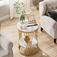 LITTLE TREE Table d'appoint ronde, table d'appoint moderne à 2 niveaux en or blanc avec étagères, pour chambre à coucher, salon (1, blanc et or) 4