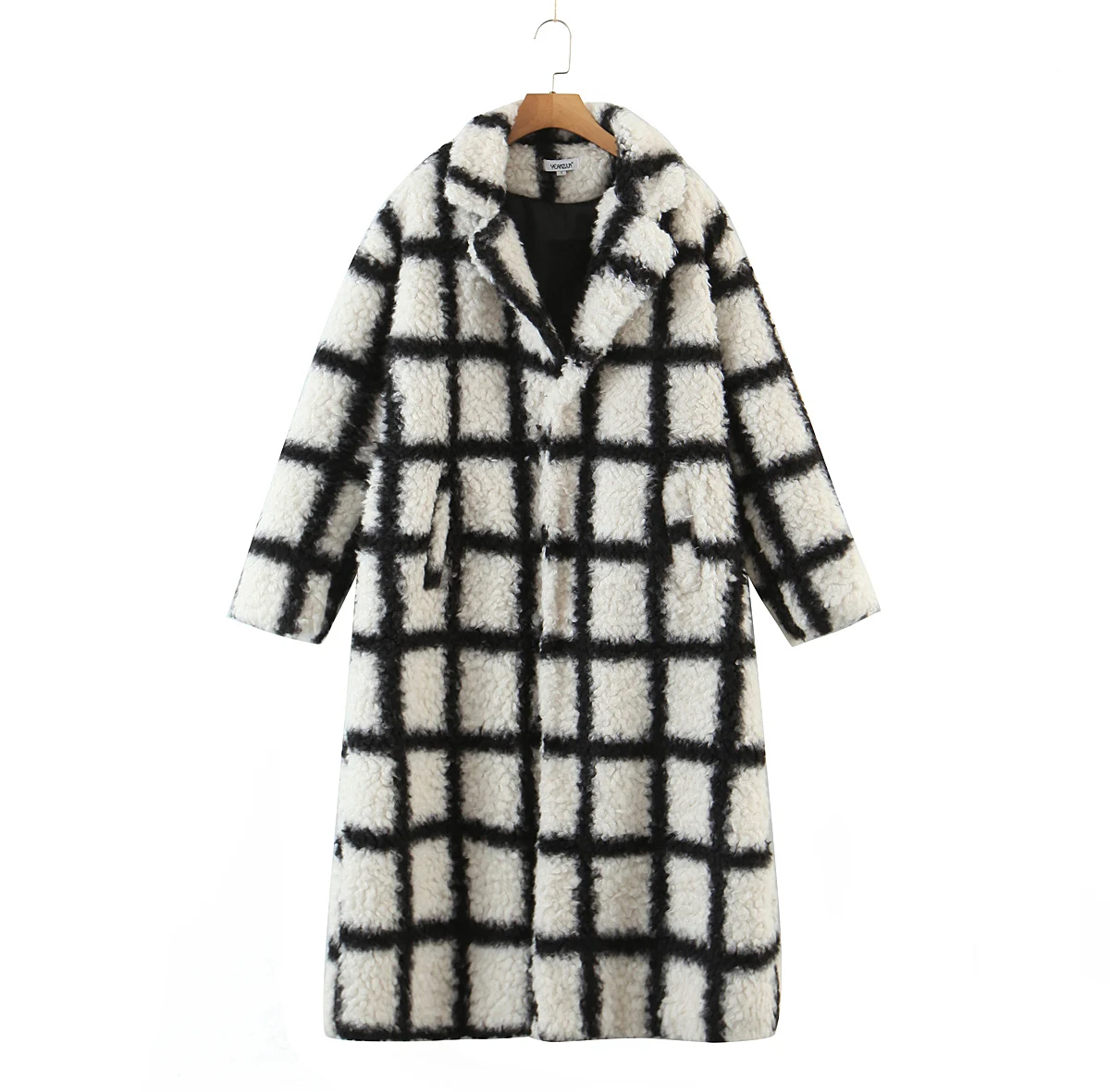 Winter Notched Collar Plaid Hairy Shaggy Faux Fur Long Teddy Coat Woman Shearling Fluffy X-Long Jackets Keep Warm Outerwear