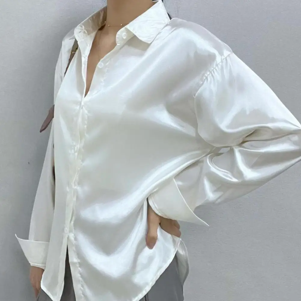 

Lapel Single-breasted Solid Color Women Shirt Elegant Draped Sense Long Sleeve Satin Shirt Blouse Shirt Womens Clothing