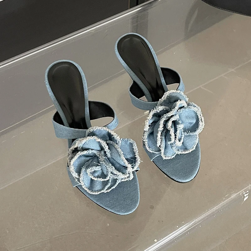 Summer Peep Toe Stiletto Denim Flower Women Slippers Thin High Heels Slip On Slides Fashion Hollow Sandals Shoes For Women Pumps