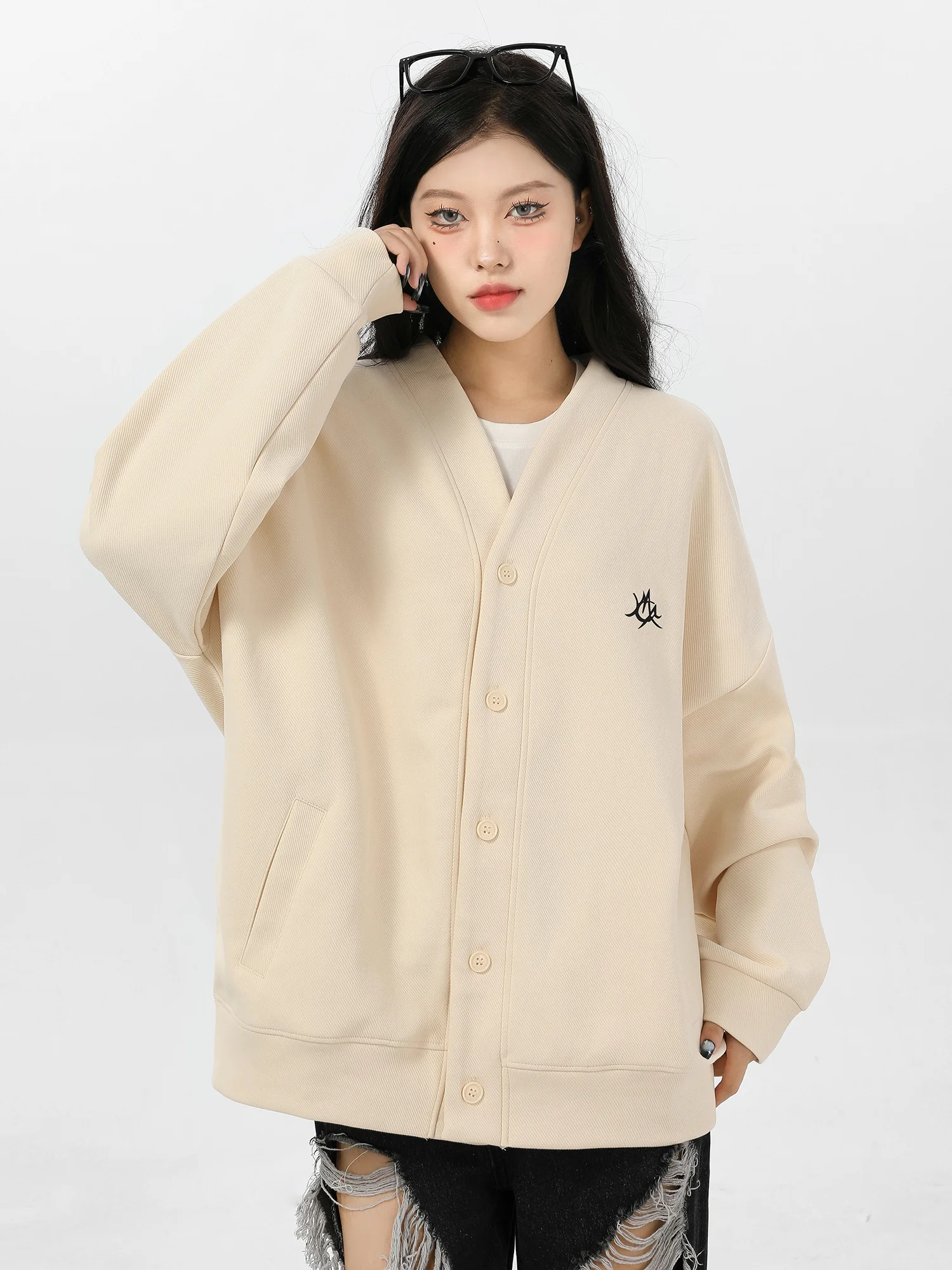Hooded Sweatshirt Cardigan Women's Light-Colored Fashionable Loose Single-Breasted American V-neck SpringAutumn Long-Sleeved Top