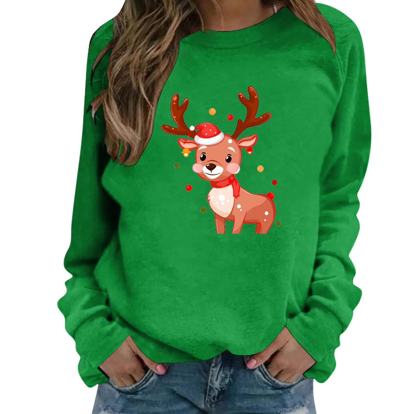 

Women's Autumn And Winter Leisure Christmas Large Deer Head Printed Round Neck Hatless Long Sleeve Cotton Sweat Shirts Women