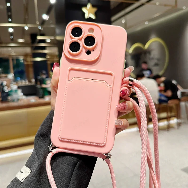 Crossbody Lanyard Solid Color Card Holder Silicone Soft Back Cover