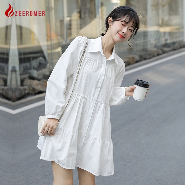 2022 Autumn New Korean Fashion Simple Solid Shirt Dress Women Casual Basic  Loose Long Sleeve Big Blouses A-line Mini Skirt - AliExpress