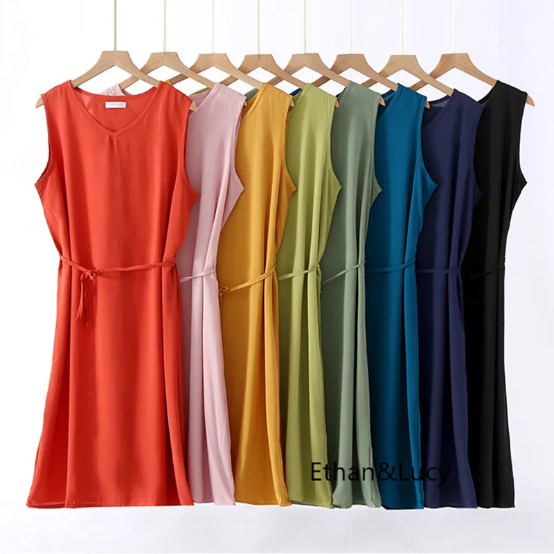 Casual Cotton Rayon Home Wear Night Dress Women New Sleeveless Summer Nightgowns Loose Candy Color Ladies Sleepwear Nightshirt