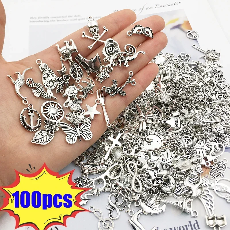 

100pcs Tibetan Silver Mixed Heart Butterfly Key Crown Charms Pendants DIY Jewelry for Necklace Bracelet Making Accessaries