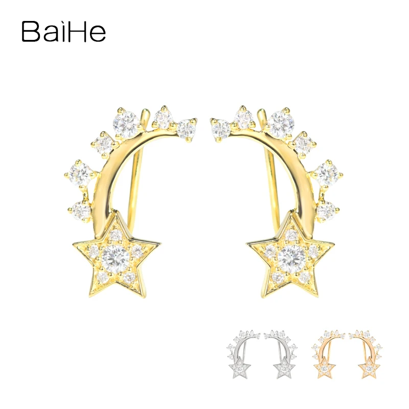 

BAIHE Real Solid 14K Yellow Gold H/SI Natural Diamond Meteor Star Earrings Women Fine Jewelry Making Pendientes Estrella