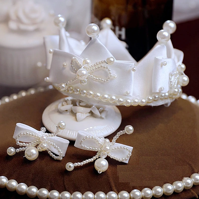 

Bride Crown New Satin Beaded Small Crown Bridal Wedding High-end Headwear Wedding Bow Tie Pearl Crown Accessories Headdress 2022