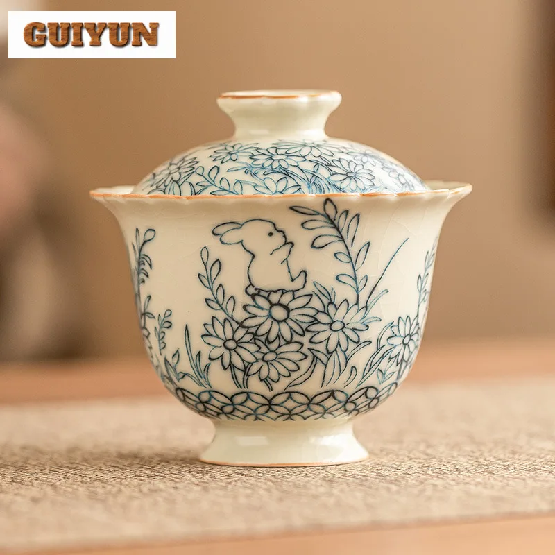 Cute Rabbit Ru Kiln Ercai Cover Bowl Chinese Sunflower Tea Bowl With Lid Tea Maker Gaiwan Teacup Pair Kung Fu Teaset Gifts