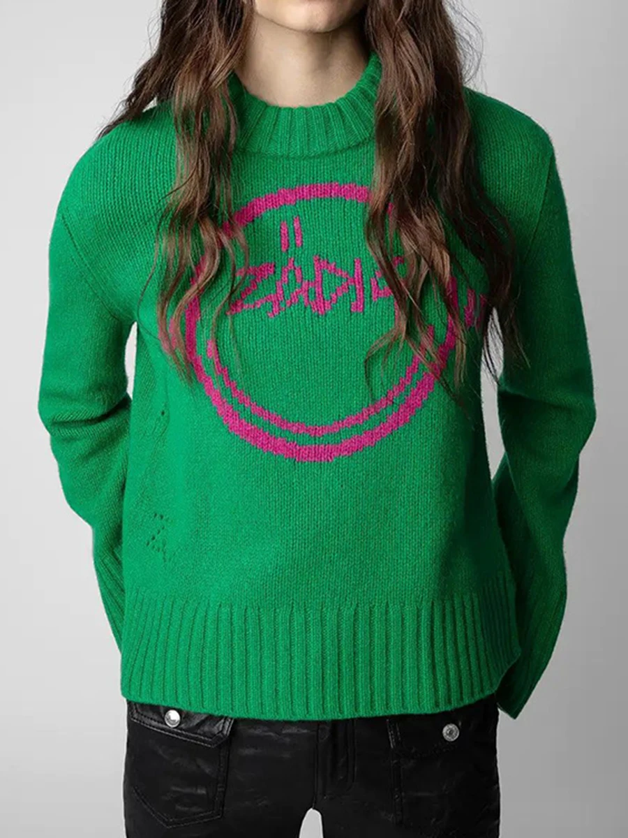 

Letters Knitted Sweater Women 2023 Autumn Winter Round Neck Long Sleeve Cosy Pullover Casual Vintage Classic Sweaters Jumpers