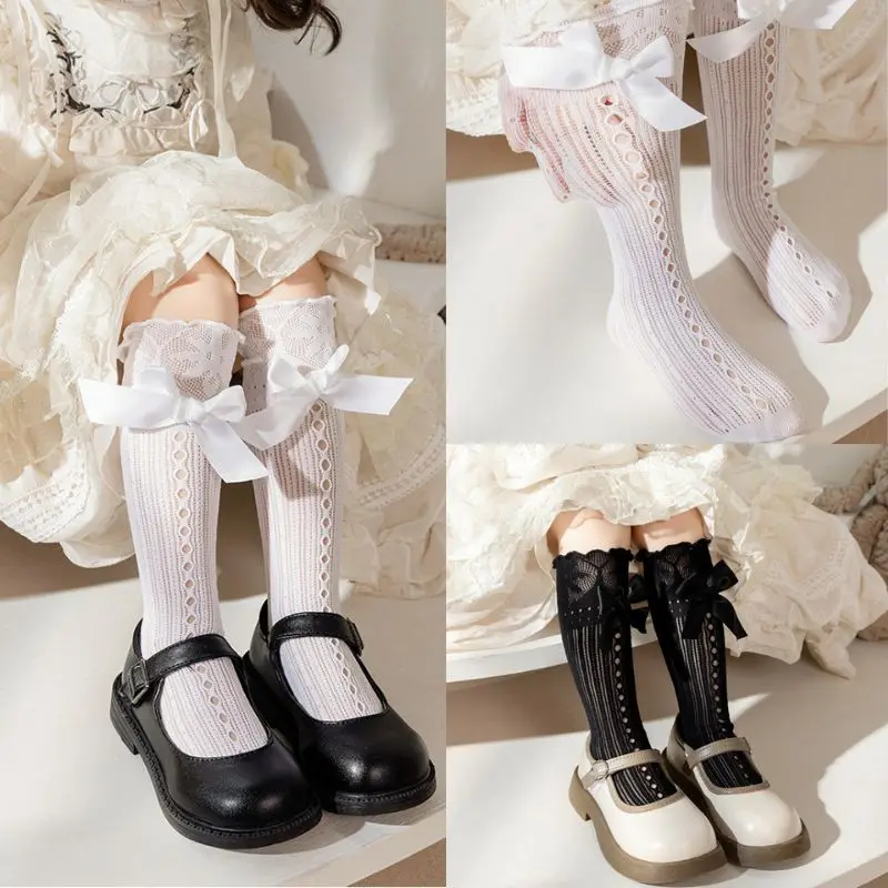 

3-12 Year JK Lolita Sock for Girl Sweet Pricess Bowknot Knee High Sock for children Spring Summer Mesh Fishnet Kids Calf Sock