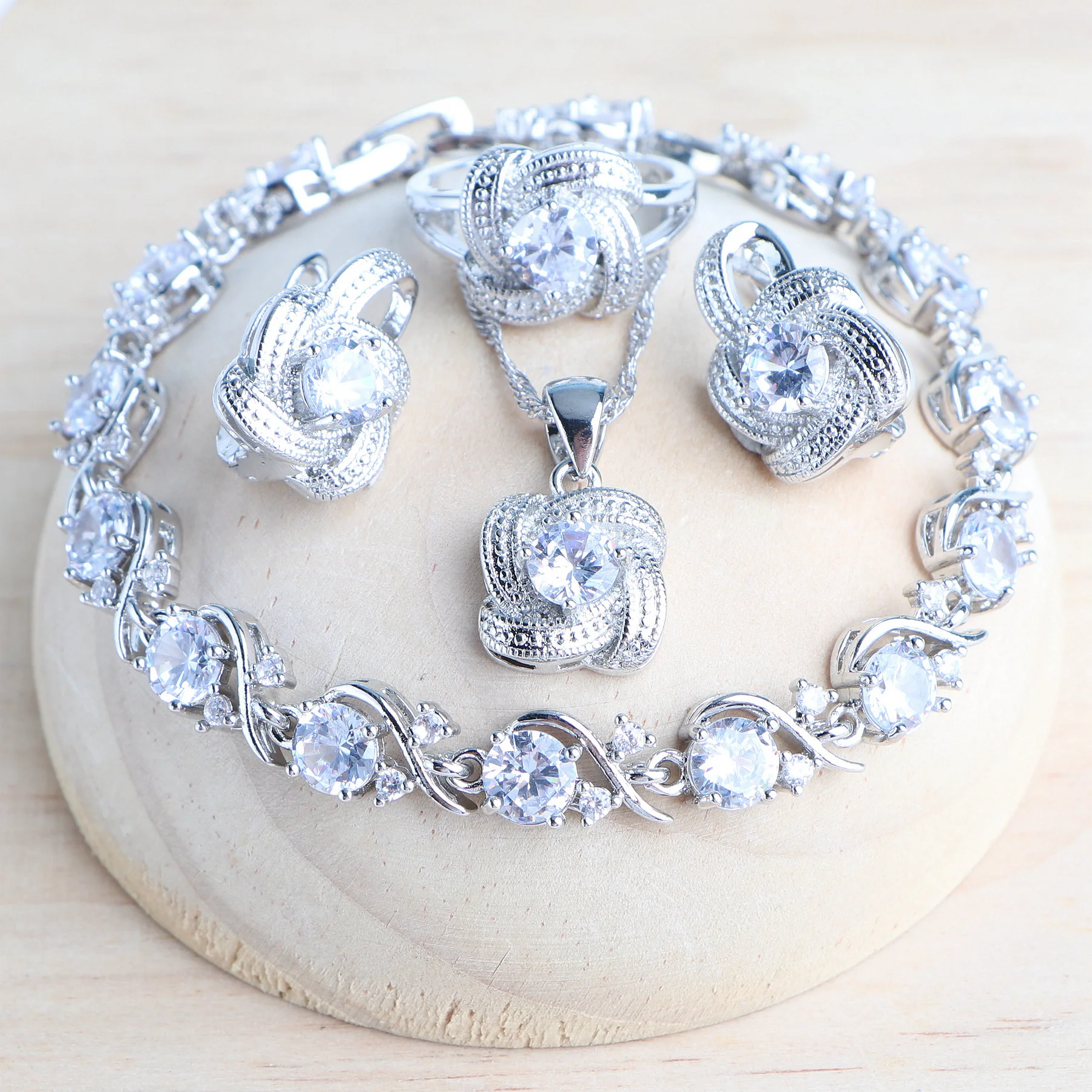 Set Gioielli In Argento 925 Con Zirconi Bianchi E Blu - Collana 45cm E Orecchini