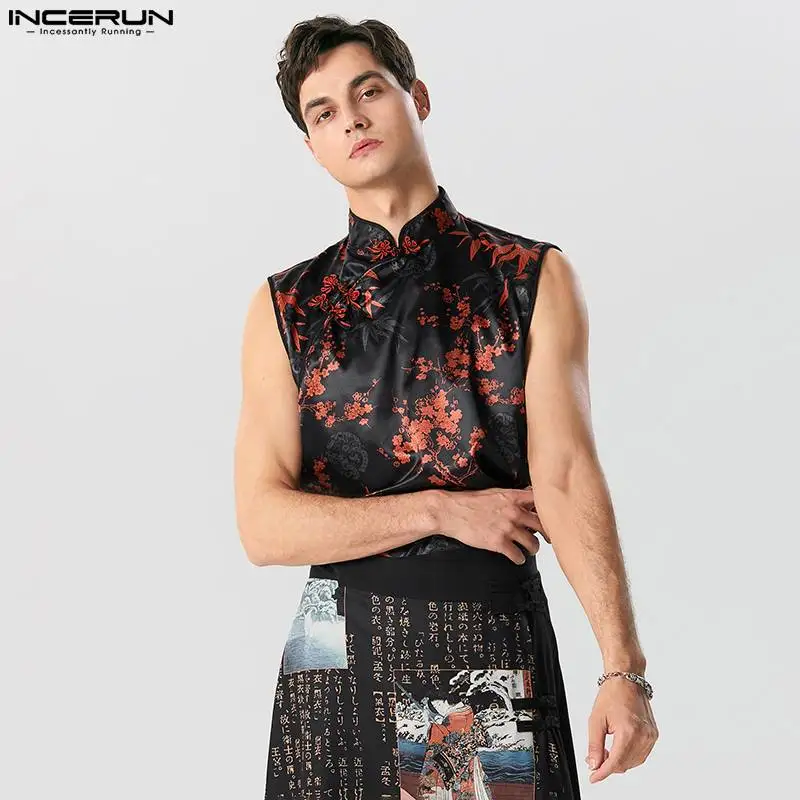 

INCERUN Men Tank Tops Printing Chinese Style Stand Collar Sleeveless Streetwear Vests Summer Vintage Casual Men Clothing S-5XL