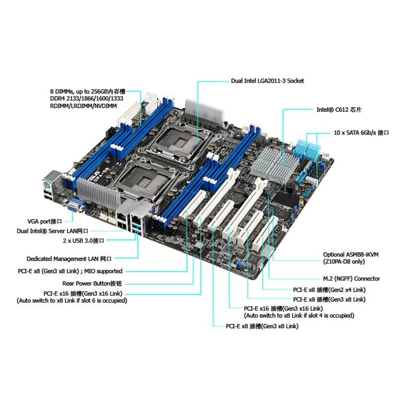 Original Two-Way Server Motherboard For ASUS Z10PA-D8 C612 Socket LGA 2011-3 V3 V4 DDR4 X99 X99M Good Quality 4 Original Two-Way Server Motherboard For ASUS Z10PA-D8 C612 Socket LGA 2011-3 V3 V4 DDR4 X99 X99M Good Quality - Image 2