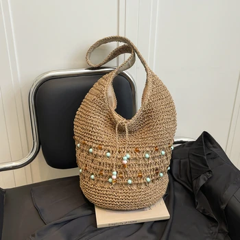 Bohemian Straw Shoulder Bags Designer Bucket Handbags Large Capacity Travel Tote Beading Handmade Woven Summer Beach Bag