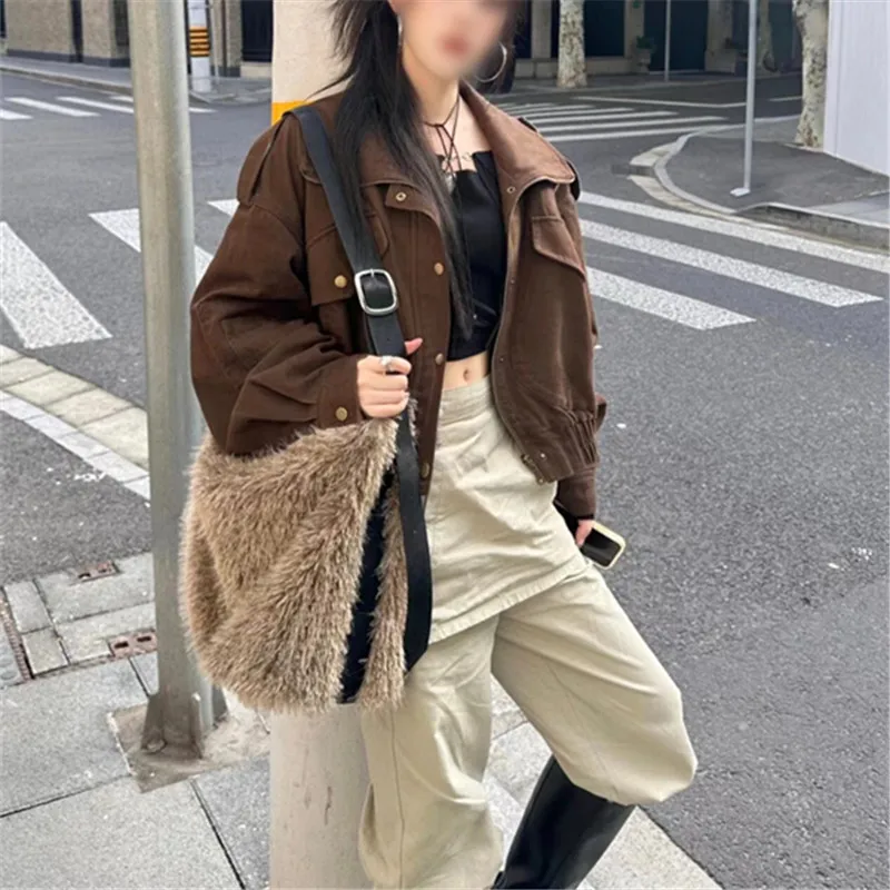 Autumn Winter Plush Handbag for Women New Style Plush Single Shoulder Square Bag Large Capacity Solid Color Commuter Tote Bag