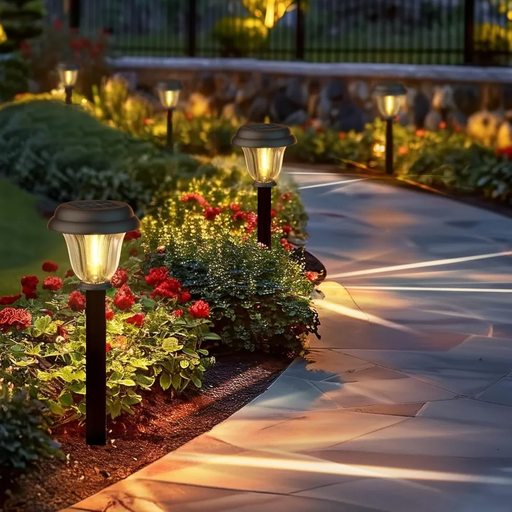 Solar Lights Outdoor 6 Pack, Stainless Steel Glass Solar Pathway Lights, Auto On/Off Long-Lasting IP65 Waterproof 3