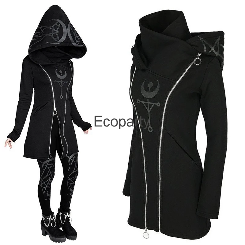 

5xl Black Gothic Hoodie For Women Diablo Printed Long Sleeves Double Zipper Steampunk Hooded Tops Halloween Costume For Women