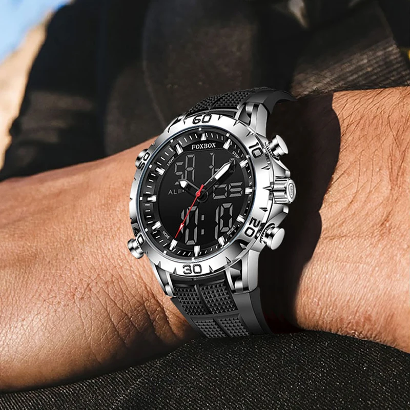 FOXBOX Luxury Dual Display Men Watches Waterproof Sports Watch Military Man Alarm Stopwatch Quartz Wristwatch Male Digital Clock