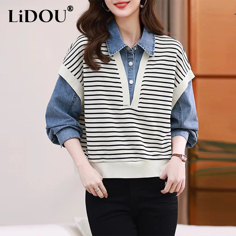 Spring Autumn Fake Two Pieces Knitting Demin Patchwork Shirt Ladies Long Sleeve Vintage All-match Vest Blouse Women's Clothing loose ladies blouse dress spring autumn casual women demin jeans long sleeve nursing dress vestidos women s clothing oversize