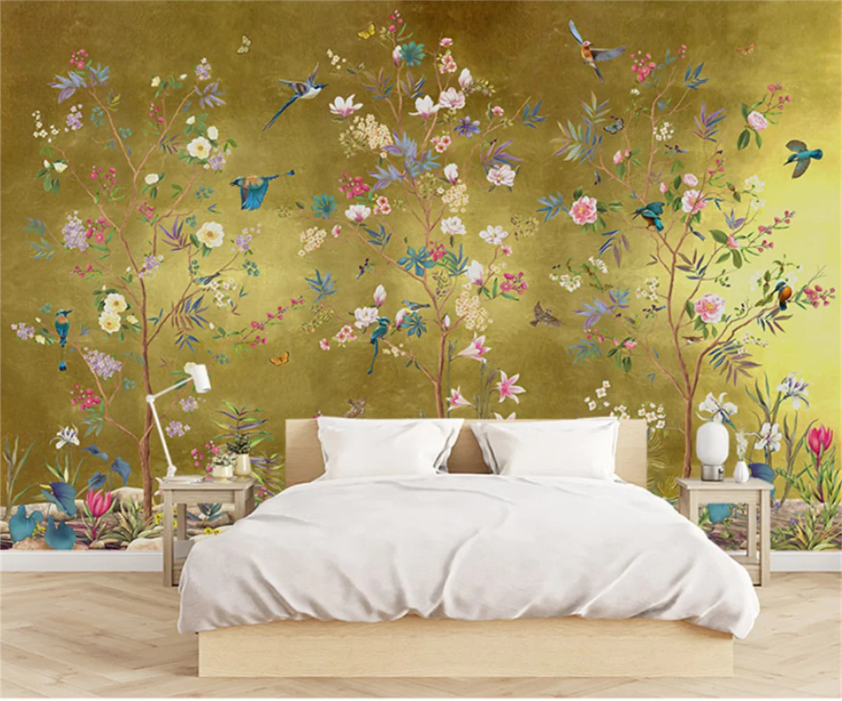 customized New Chinese style meticulous hand-painted flowers birds trees flowers customized 3D mural wallpaper canvas self-adhes