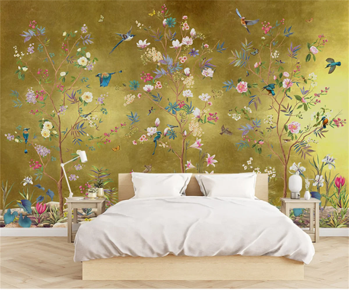 Papel de Parede Mural 3d Personalizado Auto-adhes Flores Pássaros Árvores Flores Lona Artesanal Novo Estilo Chinês