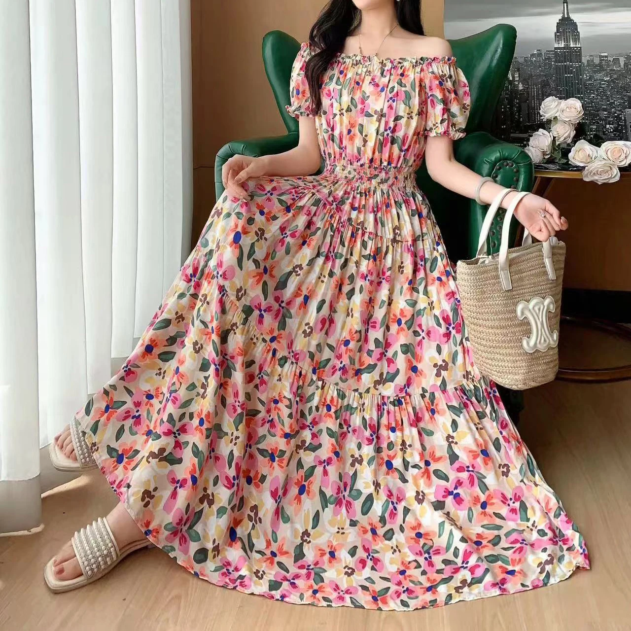 Boho Chic Short Sleeve Dress Slash Neck Elegant Women Dress Vintage Romantic Print Midi Dress Holiday Dress New Clothes Trend