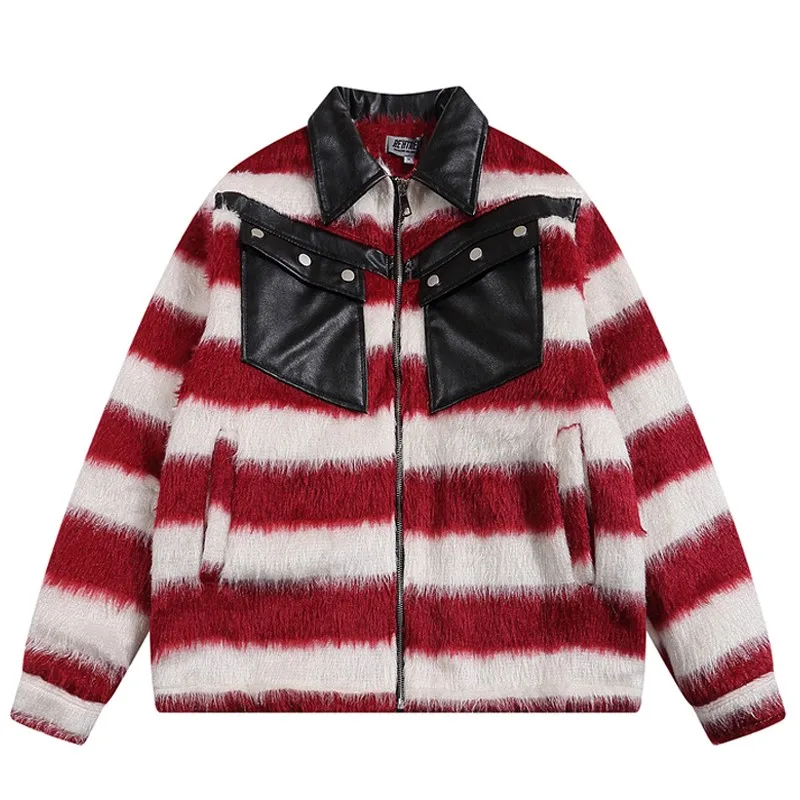 

2023 Winter Parkas Mohair Padded Jackets Leather Pocket Splicing Striped Coat Mens Hip Hop Streetwear Trend Puffer Jacket Coats