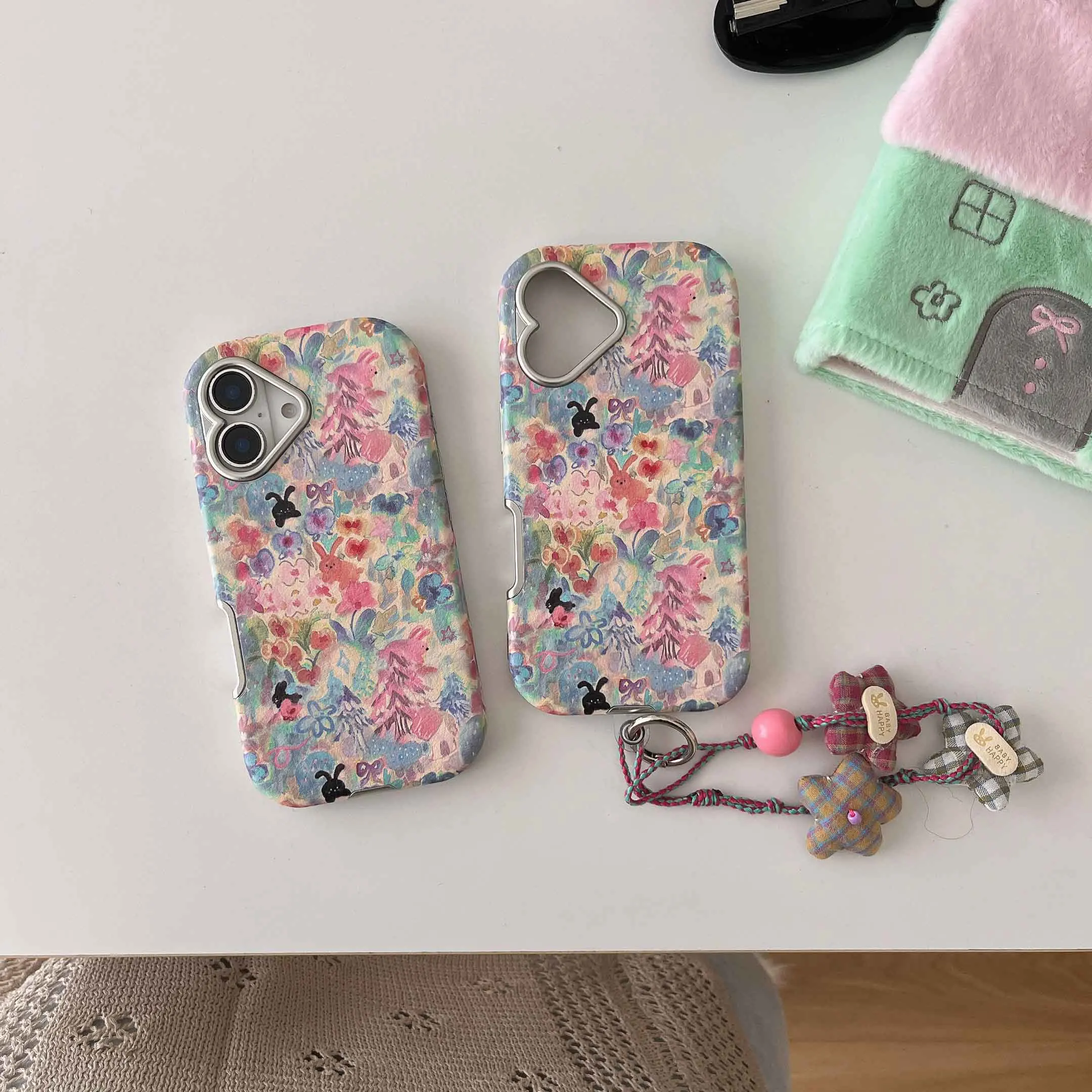 Vibrant Floral Leather Phone Case with 3D Star Cloth Design and Rope Strap