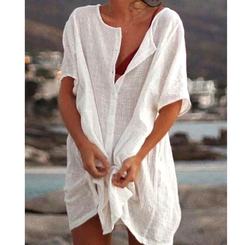 Qisin Hot 2023 Cotton Tunics for Beach Women Swimsuit Cover-ups Woman Swimwear Beach Cover up Beachwear Mini Dress Sai de Praia