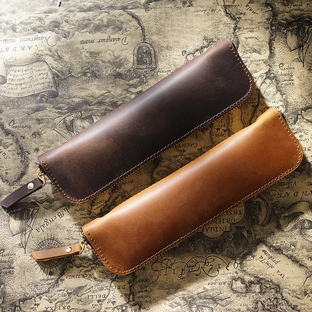 Retro Pencil Case Crazy Horse Cowhide Leather Pen Pouch Bag Storage Roll  Holder