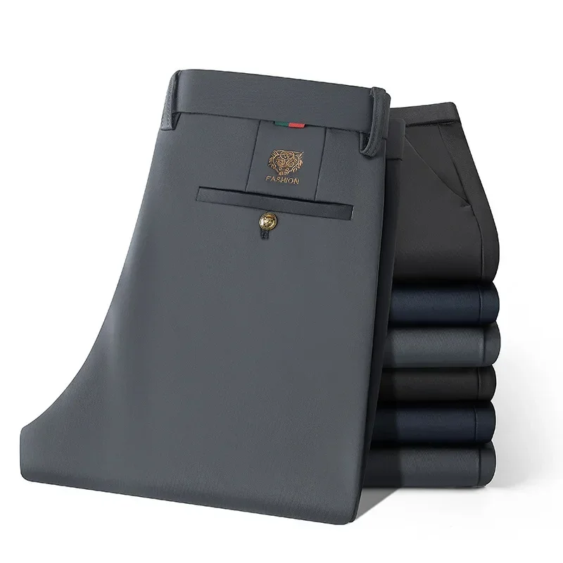 Fit Straight Men's Winter Pants Warm Fleece Thick Classic High Waist Business Casual Pants Youth Trousers 40 3