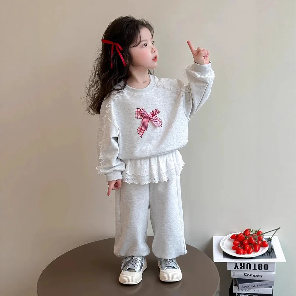 2025 Autumn Children Girls 2 Piece Set Cotton Lace Long Sleeve Red Bow Sweatshirt Suit Loose Kid Girl Grey Sports Pant Tracksuit 2
