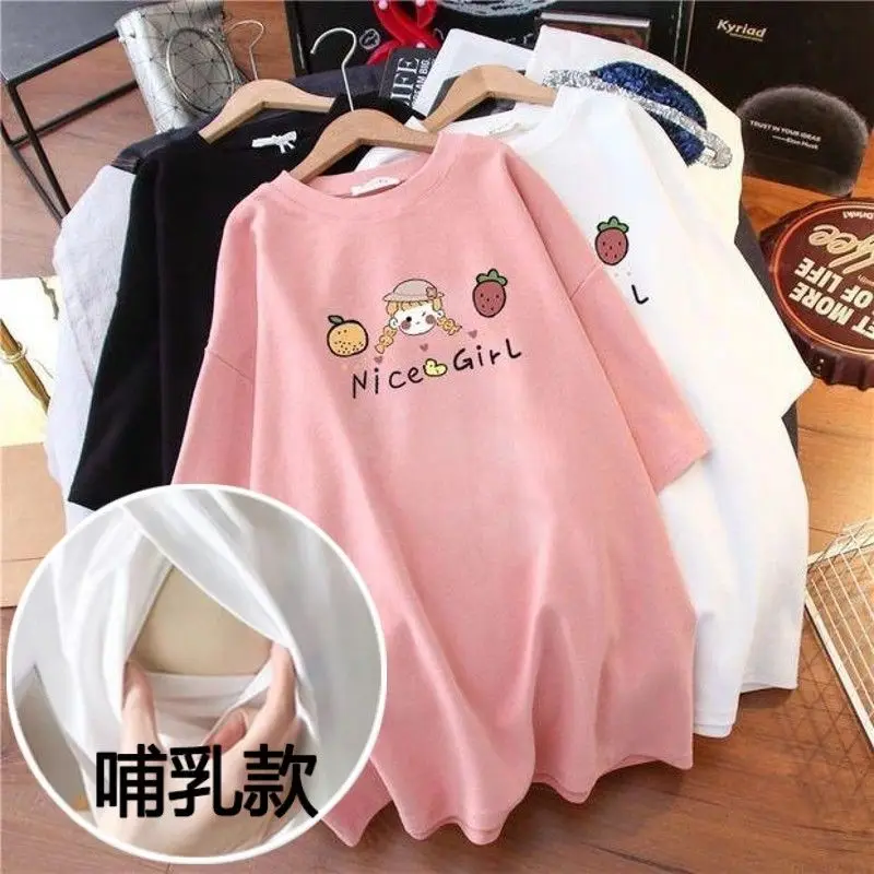 Summer Short Sleeve Maternity Nursing T-shirt Fashion Print Maternal Woman Lactation Top Pull-Aside Breastfeeding Shirt