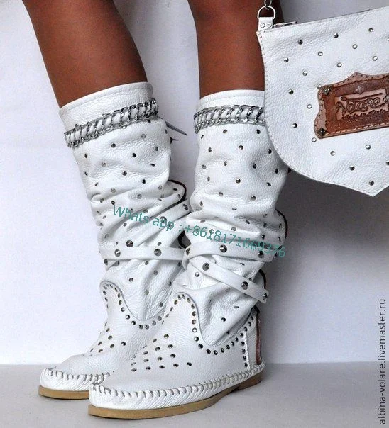 

2022 Women Gladiator Flats Rivet Hollow Fringe Boots Leather Round Toe Mid-calf Western Cowboy Boots Fashion Fall Spring Shoes