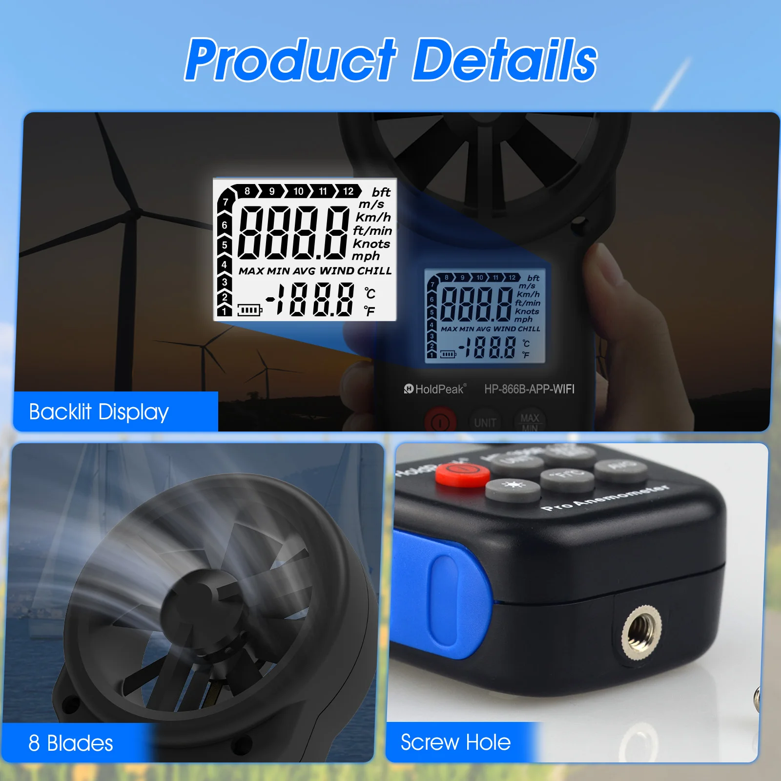 HP-866B-WiFi 스마트 풍속계 휴대용 0.340m/s 베인 풍속 측정기, 백라이트 포함 HVAC 환기용 최대/최소/평균 값 측정