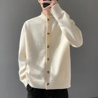Loose Fit Long Sleeve Half High Collar Men's Knitwear Cardigan Open Front Sweater Korean Style Base Layer Shirt Top Outerwear