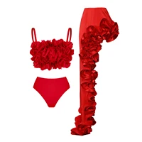 2025 Solid Red Flower Bikini Swimsuit Luxury Women Swimwear Sexy Swim Suit Deep V Monokini Off Shoulder Bodysuit Bathingsuit - Image 2