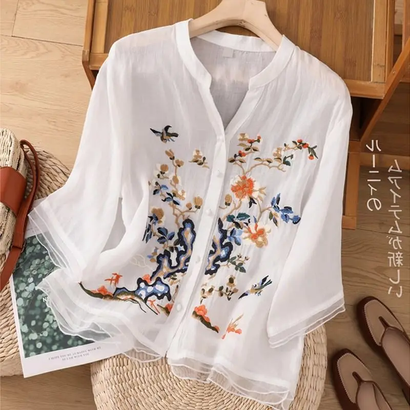 New Women Clothing Flower Embroidery Tops Tang Costume Chinese Style Shirts Traditional Cheongsam Blouse For Lady Female