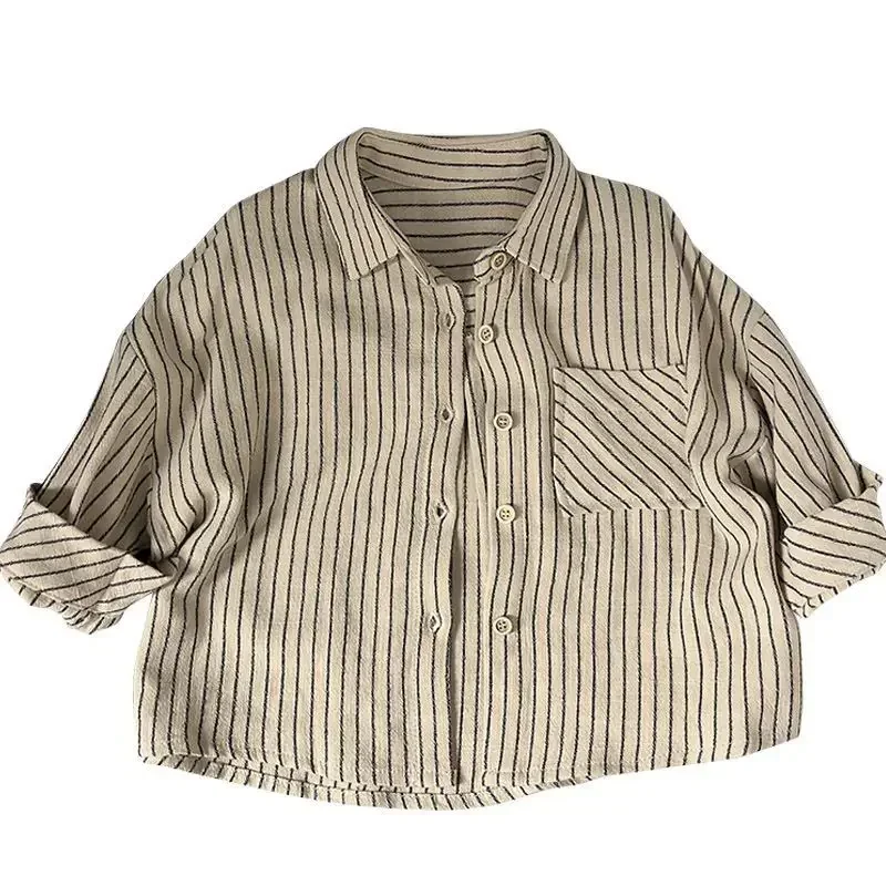 Children Clothing Japanese Style Kids Cardigan Cotton Hemp Stripe Vintage Simple Comfortable Casual Fashion Summer