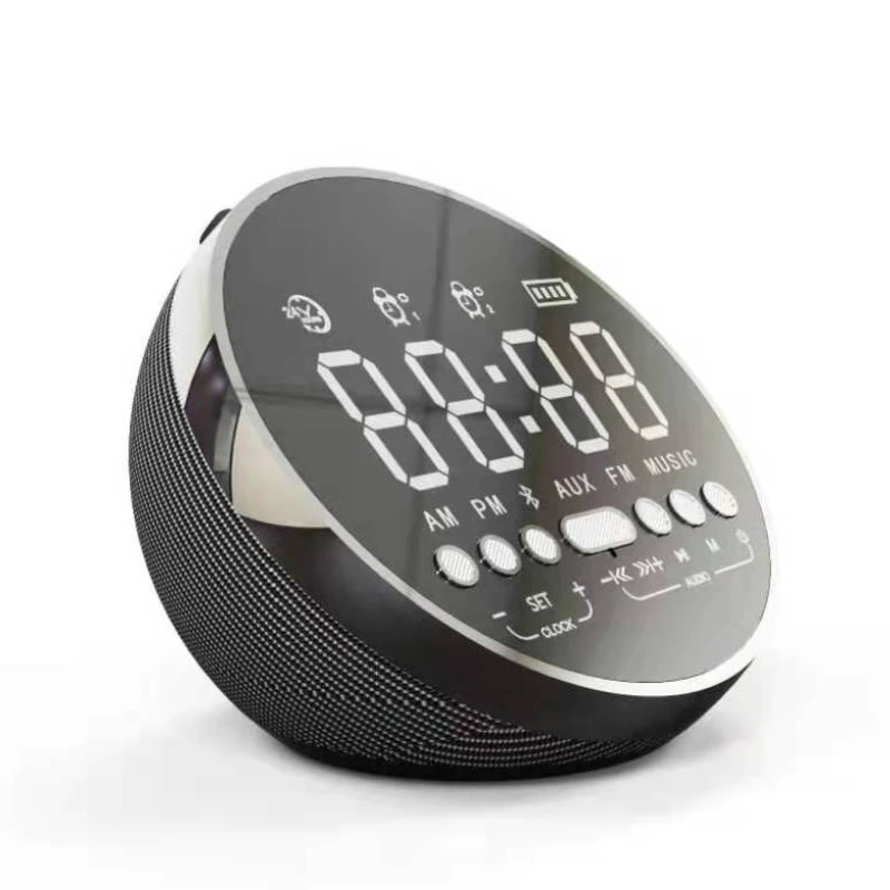 

Circular Mirror Screen Double Alarm Clock Speaker with FM Radio LED Time Display Wireless BT Desktop Bedside Speaker 1200mha