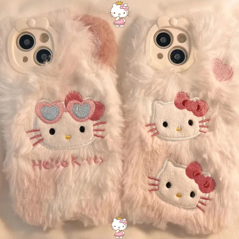 

Sanrio Anime Hello Kitty IPhone 13 12 11 15 14 Pro Max IPhone Covers Plush Embroidery KT Cat Sweet Cute Phone Case Girl Gift Toy