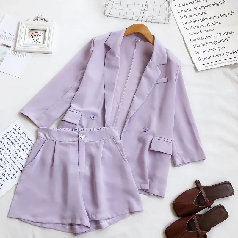 OUMEA Women Sets Korean Stye Office Lady Coat+Wide Leg Opening Shorts High Waist Solid Color Two Piece Basic Set With Buttons